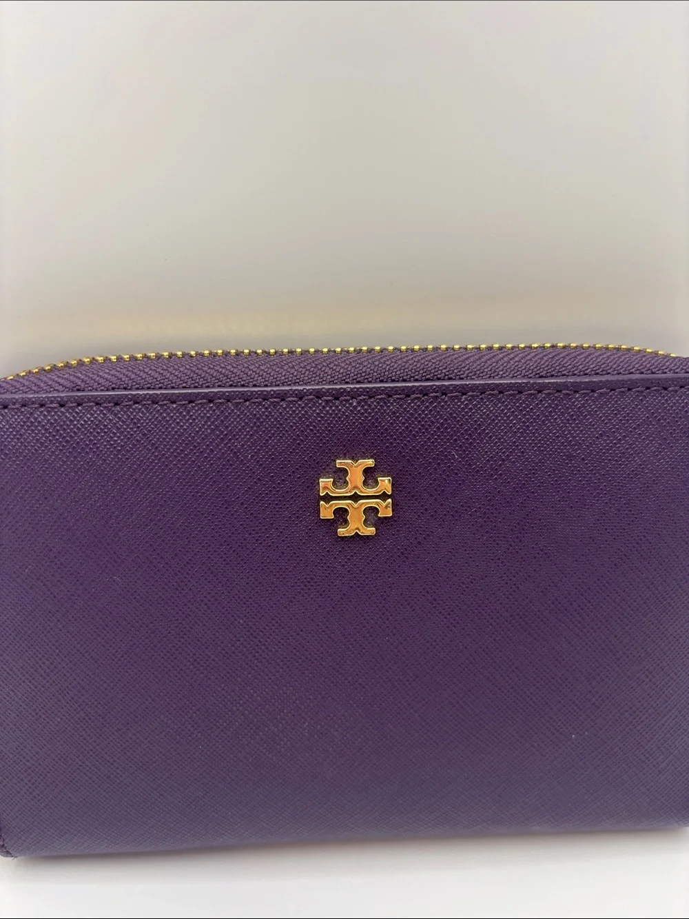 Tory Burch Deep Purple Leather Zip-Around Wallet with Gold Logo